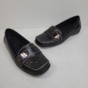 Vintage Liz Claiborne Apache Flats Shoes 6 M Black Slip On Gold Stiched Comfy